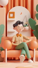 3D illustration of person sitting on a sofa
