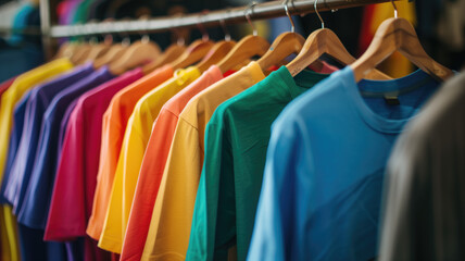 Obraz premium A collection colorful t-shirts on hang for sale in shop. Multicolored T shirts summer top on a wooden clothes hanger in clothing rack over.