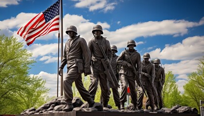 war memorial statues under the clear blue sky and USA flag background