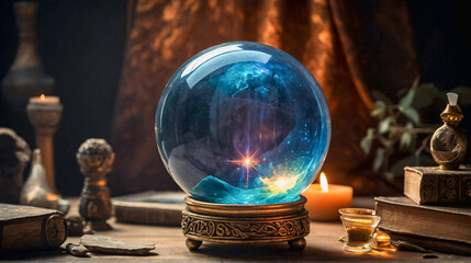 Glowing magical crystal ball for future prediction. Esotery, horoscope concept. Astrologist reading future	
