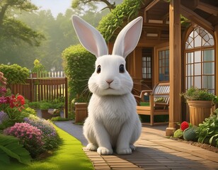 A 3D rendered image of a joyful white rabbit in a vibrant home garden. The rabbit appears happy amidst colorful flowers and lush greenery.