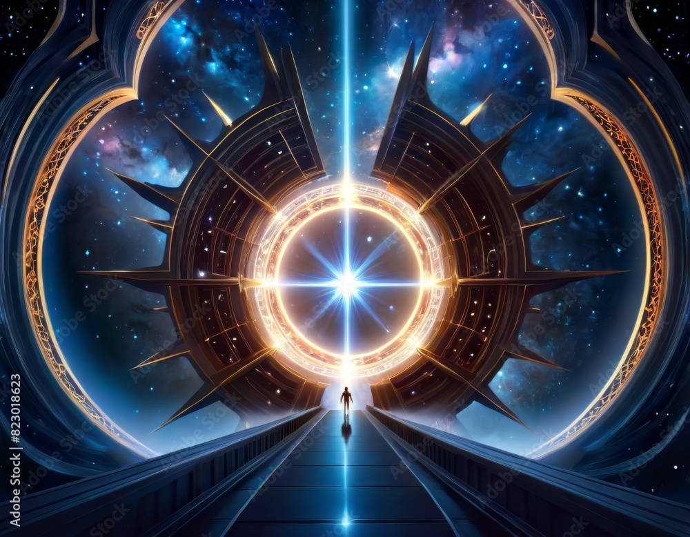 Poster surreal digital artwork of a lone figure approaching a luminous cosmic gateway amidst a starry space