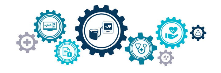 Hypertension vector illustration. Blue concept with no people and icons related to high blood pressure, cardiovascular disease, hyper tension checkup, diagnosis & measuring, healthcare.