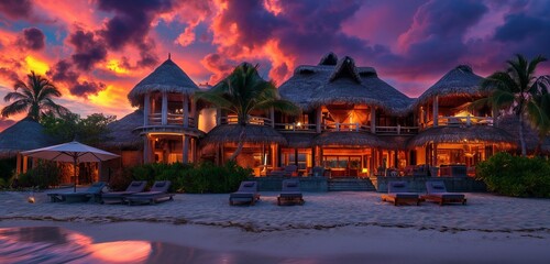 A lavish tropical villa with an open design, thatched roofs, and a private beach front, captured under the vibrant colors of a tropical sunset. 32k, full ultra hd, high resolution