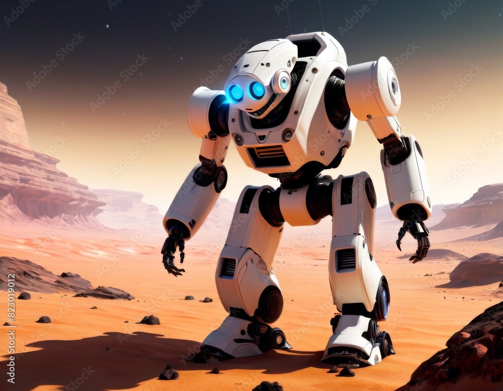 Poster a futuristic robot with a friendly demeanor explores the vast, sandy dunes of a mars-like red planet