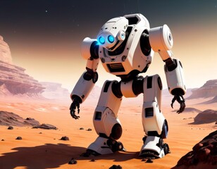 A futuristic robot with a friendly demeanor explores the vast, sandy dunes of a Mars-like red planet under a clear sky.. AI Generation