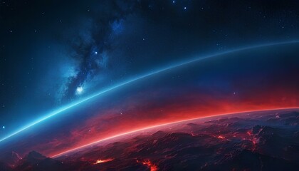 Obraz premium Abstract beautiful space background illustration combination of red and blue colors in a unique design. 3d Wallpaper of fantasy shiny stars, nebulas clouds and planets in galaxies astronomy