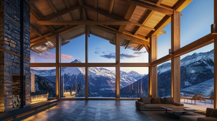 A luxury mountain retreat with wooden and stone elements, large windows facing a panoramic view of snow-capped mountains at dusk. 32k, full ultra hd, high resolution