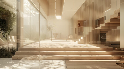 a contemporary interior design element featuring glass fencing and wooden stairs. Generative AI
