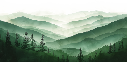 Photo realistic illustration of mountains forest fog morning. on white and transparent background