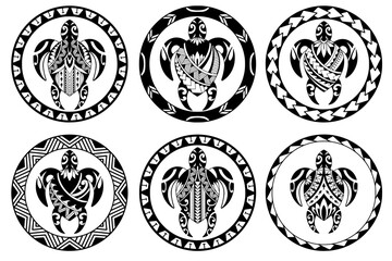 Tribal turtle tattoo collection design Polynesian style. Aboriginal samoan. illustration EPS10