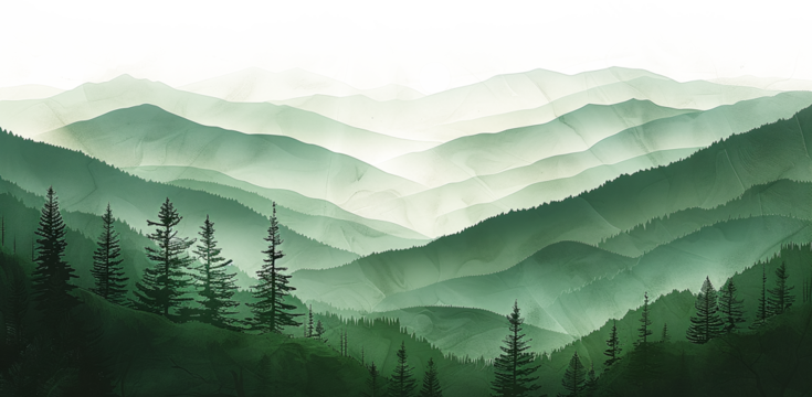 Photo realistic illustration of mountains forest fog morning. on white and transparent background