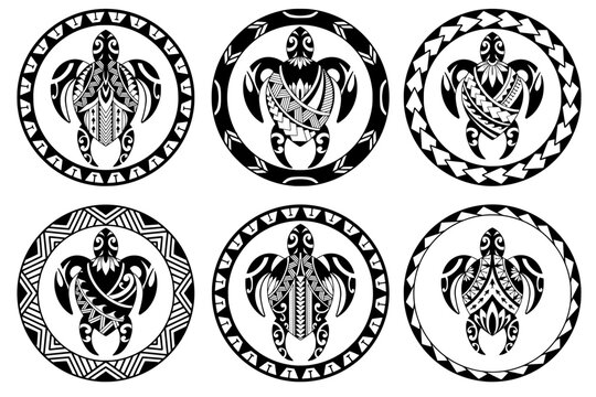 Tribal turtle tattoo collection design Polynesian style. Aboriginal samoan. illustration EPS10