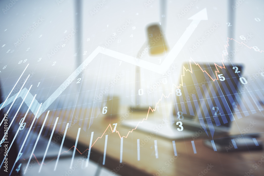 Aufkleber abstract creative financial graph with upward arrow on modern computer background, financial and tra
