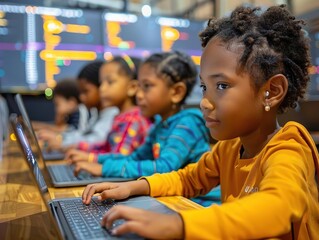 Children playing and learning, Group of children focused on coding with laptops in a classroom, learning programming skills and technology in an educational setting