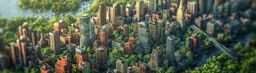 A stunning aerial view of a modern cityscape surrounded by lush greenery, showcasing urban development and nature in harmony.