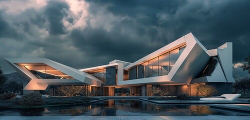 A luxury villa with a futuristic design, featuring geometric shapes and a monochromatic color...