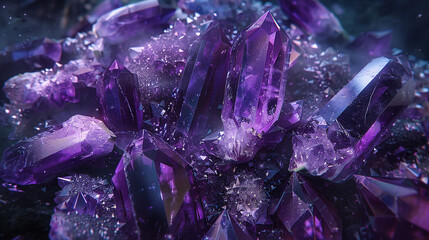 A pile of shimmering amethyst crystals, their deep purple hues associated with spirituality and...