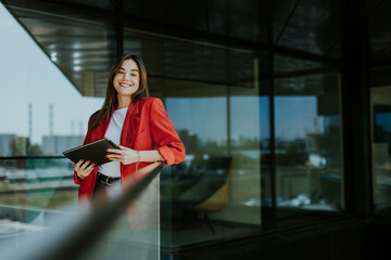 Smiling businesswoman in red blazer using tablet at modern office window in daylight