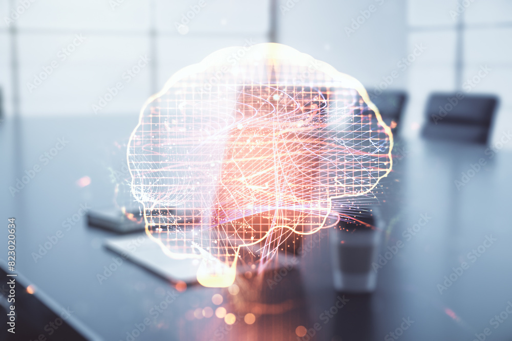 Aufkleber Double exposure of creative artificial Intelligence symbol with modern laptop on background. Neural networks and machine learning concept