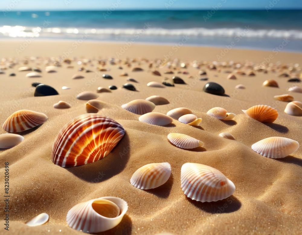 Aufkleber scattered seashells on a sunlit sandy beach with gentle waves in the background.. ai generation