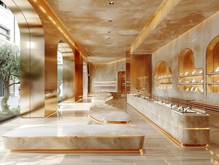A high-end jewelry store interior featuring simplicity, elegance, and serenity
