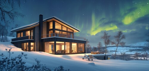 A luxury villa with a Scandinavian design, featuring clean lines, large windows, and surrounded by a snowy landscape with aurora borealis in the sky. 32k, full ultra hd, high resolution
