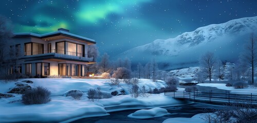 A luxury villa with a Scandinavian design, featuring clean lines, large windows, and surrounded by a snowy landscape with aurora borealis in the sky. 32k, full ultra hd, high resolution