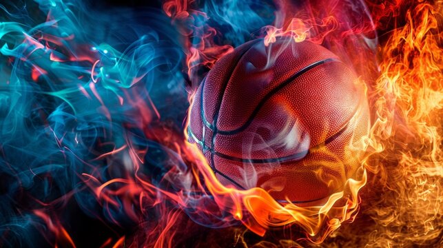 Smoke and Flame: Basketball on Fire, symbolizing high energy and powerful dynamics in sports - Powered by Adobe