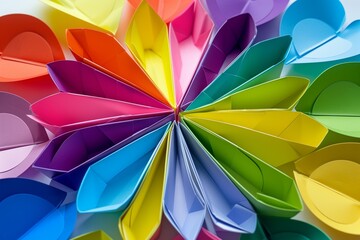 : An abstract composition where rainbow-colored paper hearts are arranged in concentric circles radiating from a central point. white background,