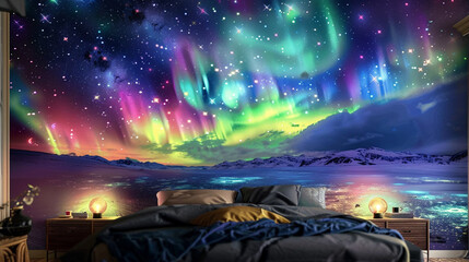 Obraz premium A celestial-themed bedroom with a wall that features a high-definition mural of the Aurora Borealis and a bed with dark starry bedding.