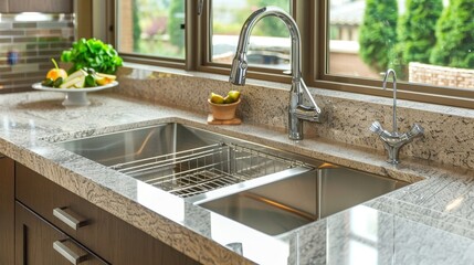 Luxurious kitchen with an undermount sink, close-up, seamless look with the countertop, emphasizing modern design and ease of cleaning, perfect for ads