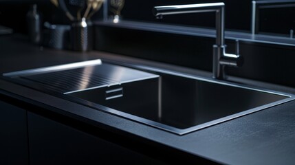 Luxurious kitchen sink design, top mount style, close-up on isolated background, studio lighting emphasizing modern aesthetics for advertising