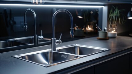 Luxurious kitchen featuring a drop-in sink, close-up on isolated background, studio lighting highlighting its stylish design and installation ease for advertising