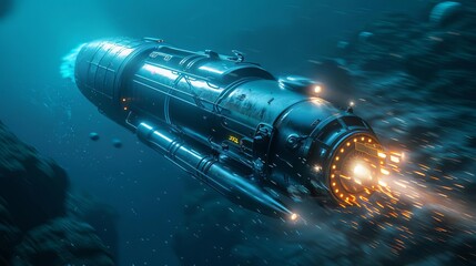 Futuristic submarine navigating through deep-sea with bright lights illuminating the underwater scene, featuring advanced technology and machinery.
