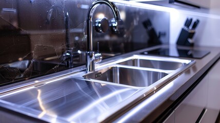 Luxurious kitchen featuring a drop-in sink, close-up on isolated background, studio lighting highlighting its stylish design and installation ease for advertising