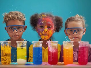 Children playing and learning, Three children conducting colorful chemical experiments in lab, wearing safety goggles, with a blue background and vibrant liquids in cups.