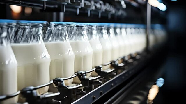 Dairy. Row of bottles with pasteurized milk on conveyor belt. Dairy plant conveyor fills and packs bottles of glass milk. Conveyor is an automatic product line with a dairy plant.