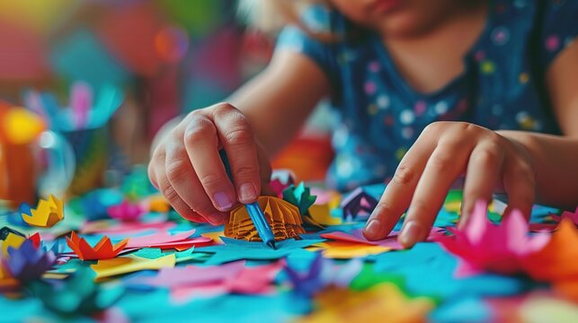 Children playing and learning, Child creating colorful paper crafts. Close-up of hands working on art project with various colored paper pieces. Creative and fun activity for kids.