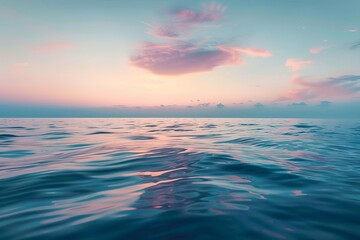 Serene sunset over a calm ocean, pastel clouds in the sky reflecting in the tranquil water, creating a peaceful and relaxing seascape.