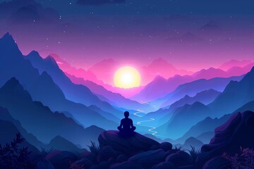 Fototapeta premium Silhouette of a person meditating on a mountain peak during a vibrant sunset with a scenic view of layers of mountains in the background.