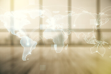 Abstract graphic digital world map hologram with connections on modern interior background,...