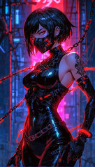 Portrait of an anime style cyberpunk female ninja warrior on a dark moody and atmospheric background