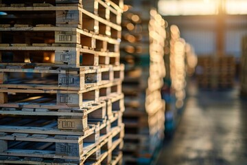 Stacked wooden pallets in a warehouse with warm sunlight, representing storage, logistics, and supply chain management.