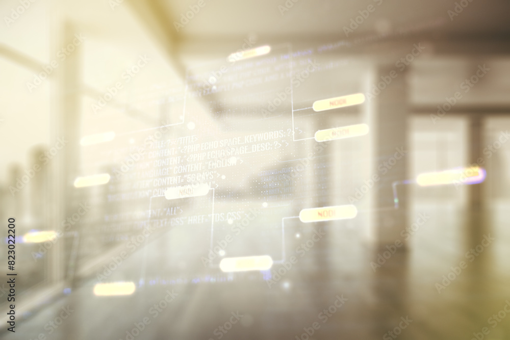 Aufkleber multi exposure of abstract creative coding sketch on empty corporate office background, artificial i