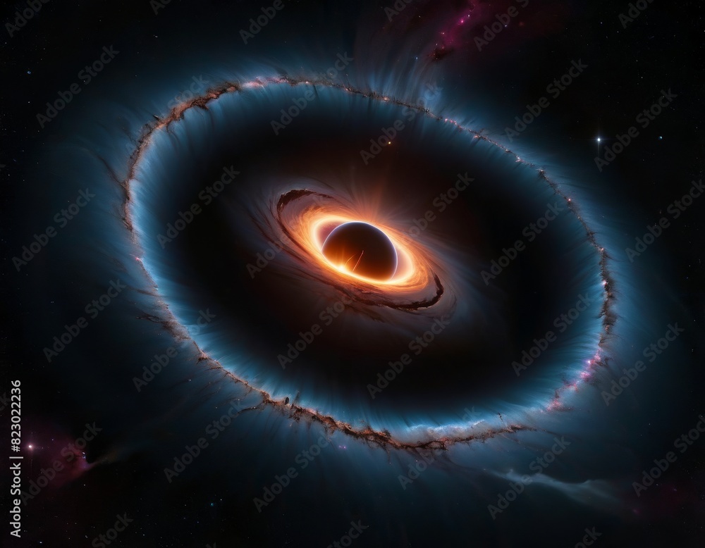 Poster an artistic depiction of a black hole, with luminous accretion disk and light bending around it, set
