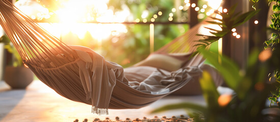 Terrace snug hammock and blanket with lush houseplant during sunset