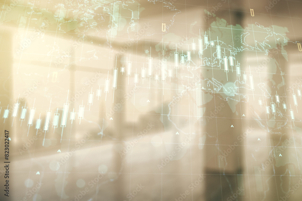 Poster multi exposure of abstract financial diagram and world map on abstract empty interior background, ba