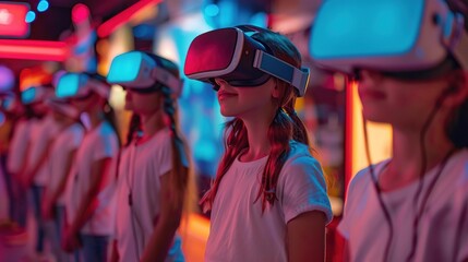Children playing and learning, Group of kids in a virtual reality gaming experience with headsets in a vibrant, colorful environment.