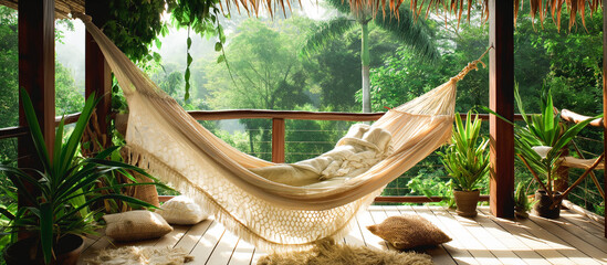 Fototapeta premium Terrace snug hammock and blanket with lush houseplant during sunset